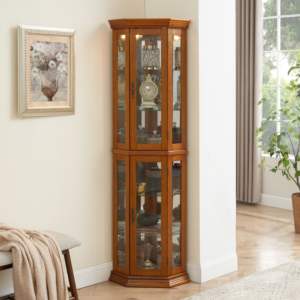 Db Corner Curio <b>Cabinet</b> Oak Wood Adjustable Shelves Mirrored Back Lighted <b>Display</b> <b>China</b> <b>Cabinet</b> Home Furniture - Product Image 3