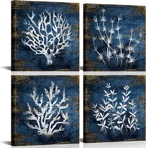 墙壁装饰海洋珊瑚海洋生命剪影蓝白帆布墙壁艺术现代卧室装饰框架