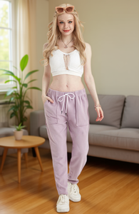 Pantalones de estar por casa de cintura alta con cordón para mujer, de algodón y elastano, ajuste holgado, largo completo, color liso, transpirables, para primavera - Product Image 2