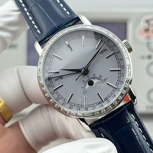 Reloj de Pulsera Mecánico de Lujo con Esfera Blanca, Caja Plateada, Bisel con Diamantes Baguette, Fase Lunar, Correa Azul para Hombre - Product Image 2