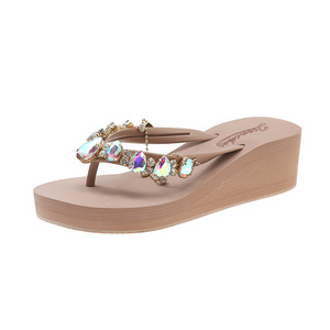 2026 Summer New Ins Style Rhinestone Tail Flip Flops Wedge Thick Sole Casual Beach Outdoor <b>Slippers</b> for Women - Product Image 5