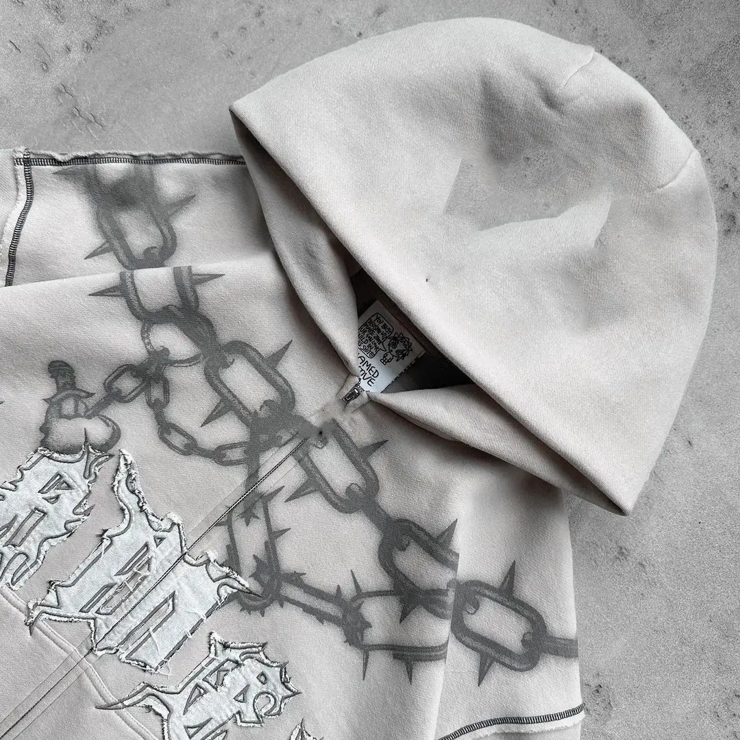 Streetwear Sweat à capuche brodé avec patch zippé personnalisé à épaules tombantes hip hop