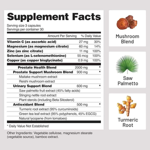 Complément alimentaire pour la santé de la prostate OEM, 90 capsules, soutient la fonction de la prostate, mélange de palmier nain et de champignons, 10 herbes, vitamines - Product Image 2