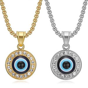 Collier pendentif œil porte-bonheur en acier inoxydable, breloque ronde sertie, bijou cadeau - Product Image 1
