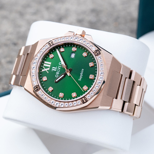 OBLVLO Luxury Fashion Mens Rose Gold Round Diamonds Bezel Quartz 40mm Green Dial Date Display Bracelet <strong>Retro</strong> <strong>Clock</strong> AW - Product Image 1