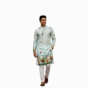 Ensemble Kurta Pajama pour homme, imprimé numérique, vêtements ethniques traditionnels, longueur genoux - Product Image 1
