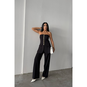 Gilet long en tissu tissé noir pour femme avec boutons dorés, broderie vintage et logo rétro, style décontracté pour costumes d'automne - Product Image 6