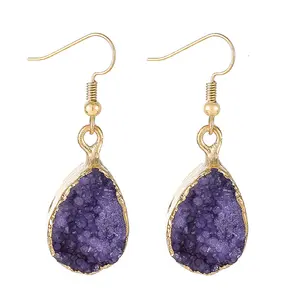 Fashion Natural Stone Quartz Water Drop Dangle Gold Hoop Earrings For Women Healing Crystal Statement Earring Jewelry