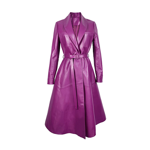 0105 New One Button Belt Super Long Swing Suit Collar Sheepskin Genuine Leather Ladies Trench Coat