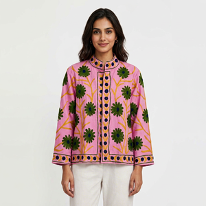 เสื้อแจ็คเก็ตปักลายดอกไม้แขนยาวคอปกสีชมพูสไตล์วินเทจทรงหลวมลำลอง - Product Image 1