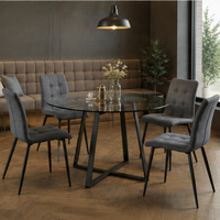 Ensemble de table à manger moderne de luxe avec chaises en tissu gris, structure en fer, plateau rond en verre écologique pour salle à manger et hôtellerie