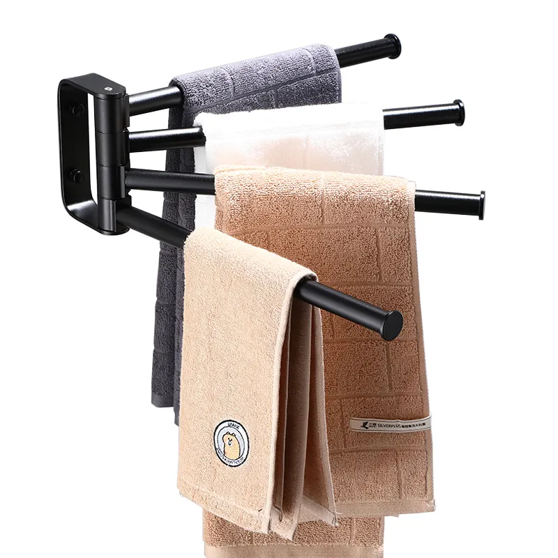 Aluminum Alloy Black Rotating Towel Bar with 4 Bars Swing Arm Towel Rail Rotatable Towel Holder