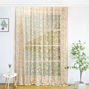<span class=keywords><strong>Tende</strong></span> in pizzo ricamato in oro lavorate a maglia <span class=keywords><strong>giallo</strong></span> <span class=keywords><strong>chiaro</strong></span> con foglie in Voile trasparente in poliestere - Product Image 1