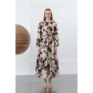 Elegant Women's Belted Patterned Chiffon Dress A-Line <b>Wrap</b> And <b>Tie</b> Natural Waist Collarless Breathable Long Maxi Dress - Product Image 3