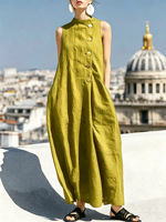 Robe longue sans manches en coton et lin, style décontracté européen et américain, col rond boutonné, collection Printemps-Été 2026