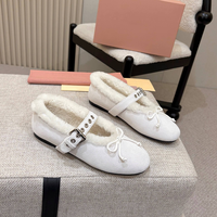 Chaussures plates pour femmes, blanches, doublées de polaire pour l'hiver, style Mary Jane, en daim, avec boucle à nœud, confortables et chaudes, ballerines de haute qualité, chaussures de luxe
