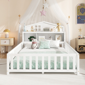 Cama Montessori de Madera Maciza Tamaño Completo con Pizarras, Barandillas, Estanterías, Plataforma de Almacenamiento y Cabecero para Niños y Adolescentes, Blanca - Product Image 2