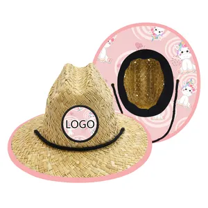 Topi Jerami Pantai Bayi Desain Kain Bawah Logo Kustom Musim Panas Topi Jerami Rumput Alami Balita Bayi Anak Perempuan Penjaga Pantai Topi Jerami
