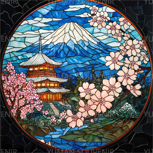 日本の桜と富士山をテーマにした手作りステンドグラスの壁掛け装飾