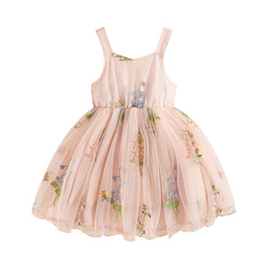 Robe brodée en maille florale exquise pour filles, style petite princesse élégante et mignonne, vêtements pour enfants, manches bouffantes, nœuds - Product Image 2
