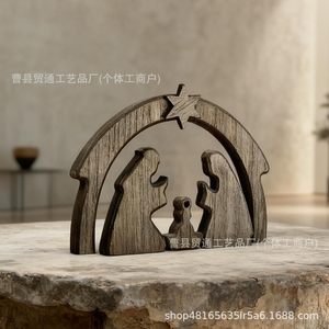 Escena de Natividad de Madera en Miniatura, Estatua Familiar, Decoración Navideña para Sala de Estar, Hogar, Chimenea, Diseño Tradicional de Pino - Product Image 4