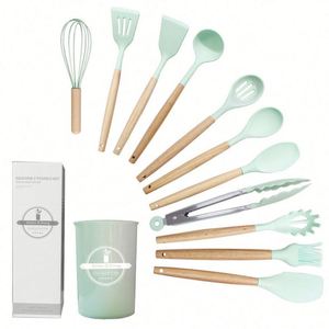 High Quality Eco-Friendly Food Grade <b>Silicone</b> Utensils Set Wooden Handle Heat Resistant Dishwasher Safe Customized Color - Product Image 3