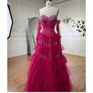 紫红色热粉色一线斜肩串珠晚礼服宁静山LA72035女士婚礼舞会礼服
