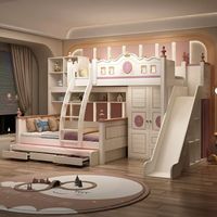 Lit superposé pour enfants de conception française, en bois, avec étagères et lit gigogne
