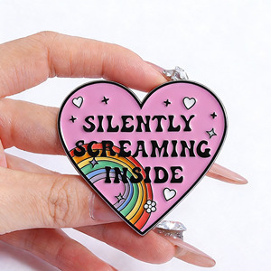 Al por mayor, Pin de solapa de metal esmaltado con diseño de meme emocional 'Silently Screaming Inside Heart' y arcoíris, para mochilas y ropa - Product Image 3