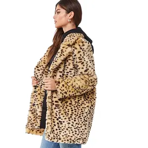 KY winter heavyweight faux fur coat 2019 women featuring allover notched collar long sleeves Cheetah Print Coats