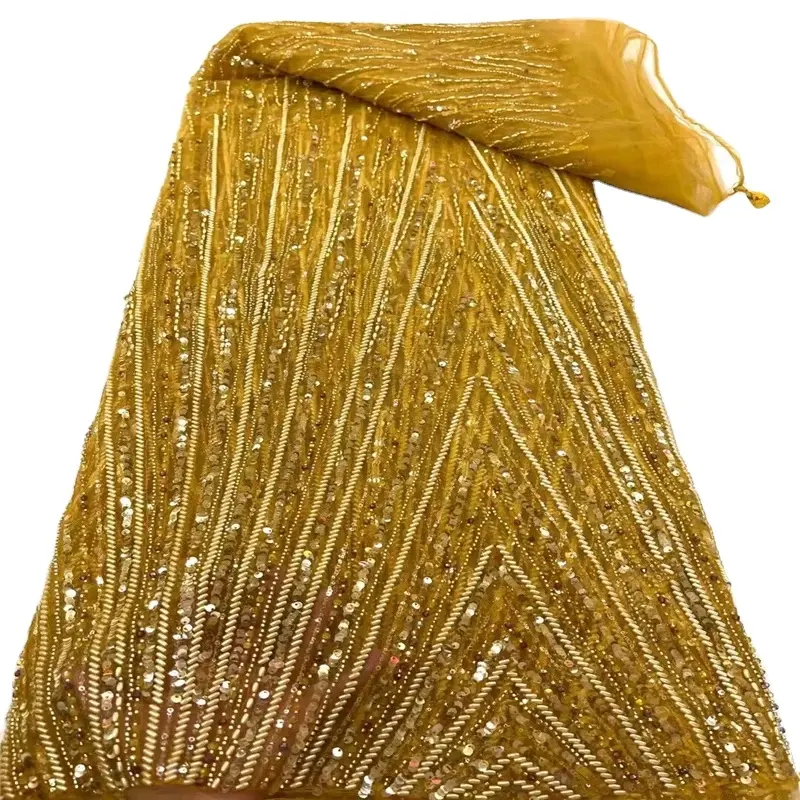Moda pesante pizzo di perline tessuto di lusso Tulle francese ricamato per matrimonio fatto a mano con rete di perline tessuto di pizzo ricamato unico