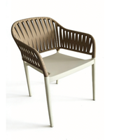 Chaise de salle à manger moderne en plastique PP imitation rotin tressé avec accoudoirs, empilable, imperméable, pour café, extérieur, loisirs