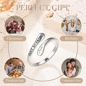 MOQ 500 Anello <span class=keywords><strong>Nuziale</strong></span> Regolabile in Argento Sterling 925 Placcato Rodio Classico con Scritta 'Just Breathe Faith Hope Love' Ispirazionale e Sentita - Product Image 6