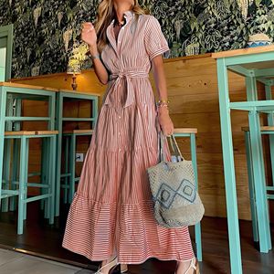 Nouvelle Robe Chemise Mi-Longue Ample à Rayures et Nœud à la Taille pour Femme, Manches Courtes, Tendance - Product Image 6