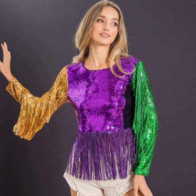 In Stock Mardi Gras Women's Sequin Tops Sparkle Long Sleeve With Tassel Blouses Shimmer Glitter Shirts  Party Crewneck T Shirt