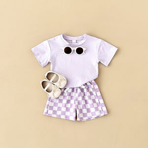 Baby Sommerkleidung Satz Mädchen T-Shirt karierte Shortsanzug Kinder Kurzarm 2 Stück - Product Image 3