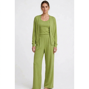<b>Women</b> 3 Piece Lounge Set Green Solid Long Sleeve <b>Cardigan</b> Tank Top Wide Leg Pants - Product Image 1