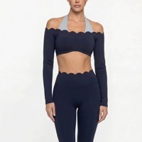 Ensemble de vêtements de sport pour femmes, haut court à manches longues et pantalon taille haute, patchwork contrasté, style scallop, pour le yoga et la remise en forme