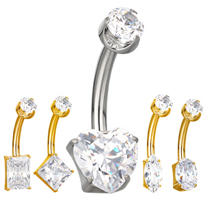 Anillo de ombligo de titanio ASTM F136 14G con diseño de corazón, pera o cuadrado, con circonitas pavé y rosca superior, joyería corporal para piercing. - Product Image 1