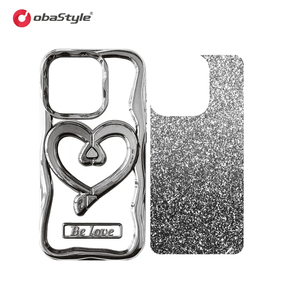 EU Direct Shipping Electroplated 3D love stand phone case with gradient glitter film for iphone 15 14 13 pro max Wave frame