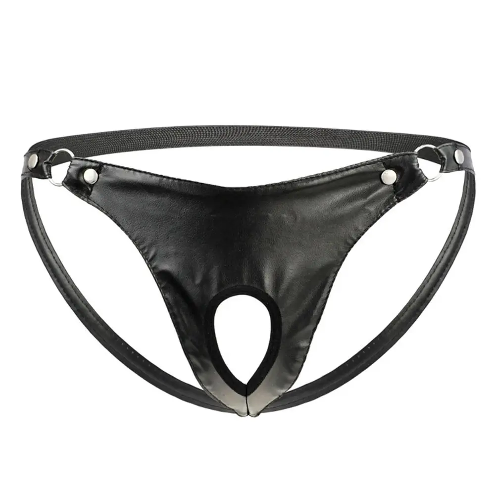 Erkekler's seksi iç çamaşırı suni deri Metal halka tanga Jock kayış külot Jockstrap külot kalça Hollow Thongs erotik