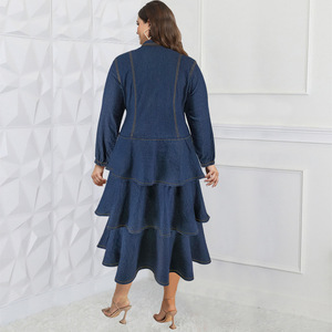 <span class=keywords><strong>Robe</strong></span> en jean grande taille Y218511 de haute qualité pour <span class=keywords><strong>femme</strong></span>, à manches longues, col à revers et volants multicouches, idéale pour l'automne - Product Image 2
