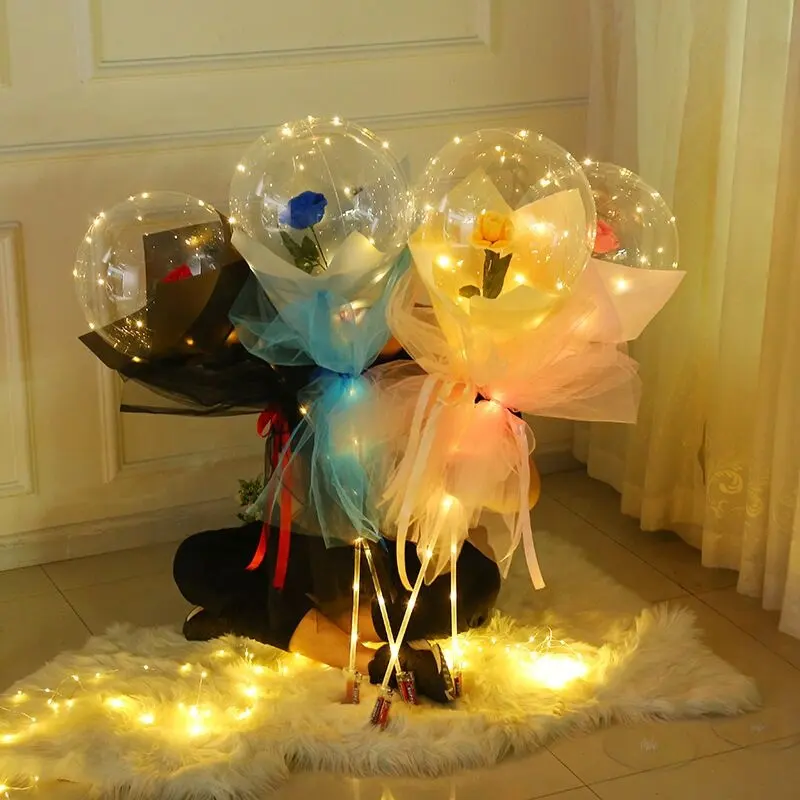reusable Valentines Day rose flower led balloon clear bobo balloon rose bouquet with led light