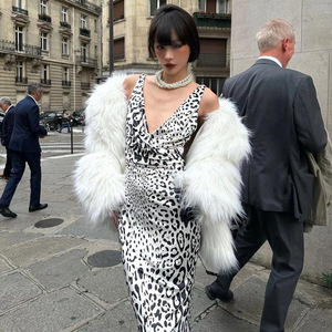 Robe longue de bal pour femme en satin imprimé léopard, col en V, dos nu, coupe ajustée, taille naturelle, design à empiècements - Product Image 1