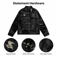 Veste en cuir pour homme avec logo personnalisé, style pompier, fermeture à boutons, OEM ODM, noire, style workwear, streetwear, vintage, col pointu, style cyber