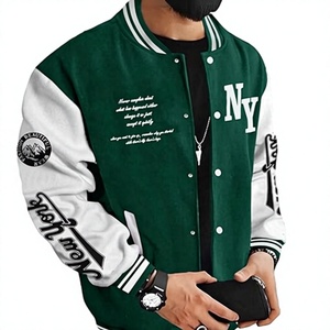 Men's Green White Varsity Jacket Letter Embroidery Preppy Streetwear Turn-down Collar Regular Sleeve Woolen Fabric Spring Wear - Product Image 1