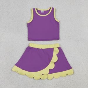 Conjunto de dos piezas para niñas pequeñas, color morado y amarillo, top corto sin mangas con pantalones cortos incorporados, conjunto deportivo de verano - Product Image 2