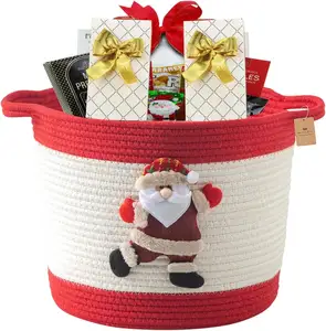 Red Rope Basket Christmas Toy Storage Baskets With Santa Foldable Woven Hampers Sundries Bin With Durable Handles