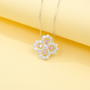 Collier pendentif trèfle à quatre feuilles en argent sterling S925 avec zircone cubique rose pour femmes-V - Product Image 4