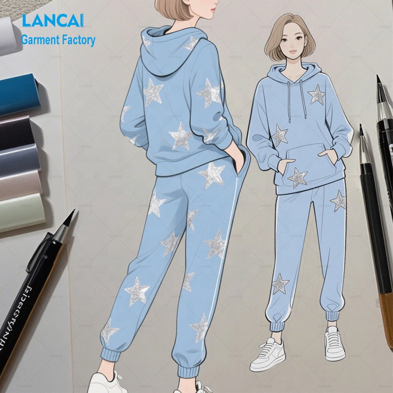 Cut and Sew Autumn Winter Sets Thick Hoodie and Matching Jogger Sweatpants Two Piece Cotton Sweatsuit Outfits for Women